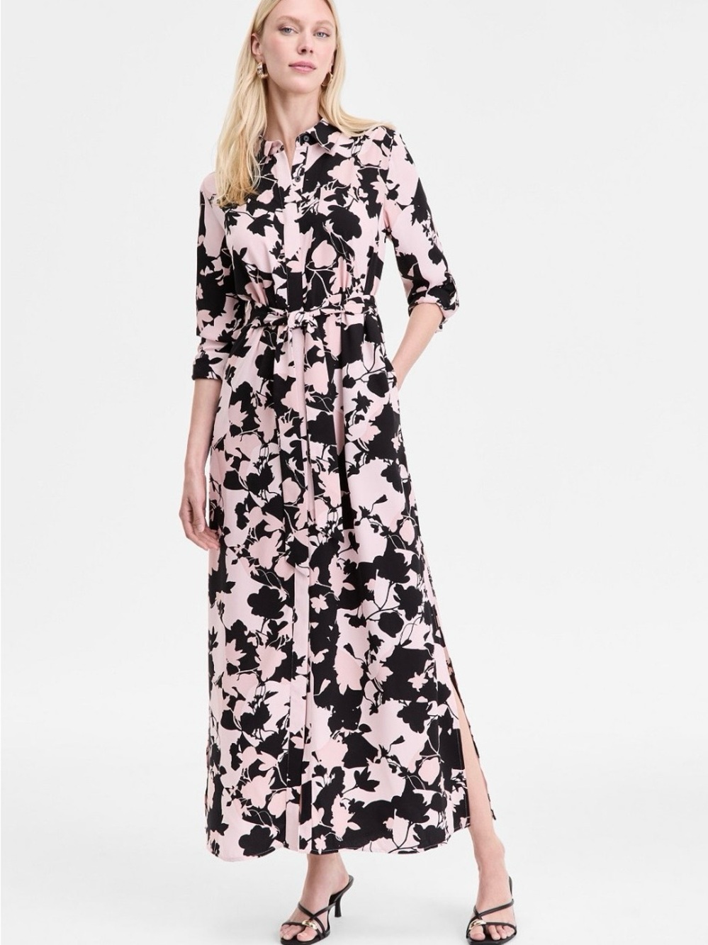 INC International Concepts Pink and Black Floral Shirt Maxi Dress